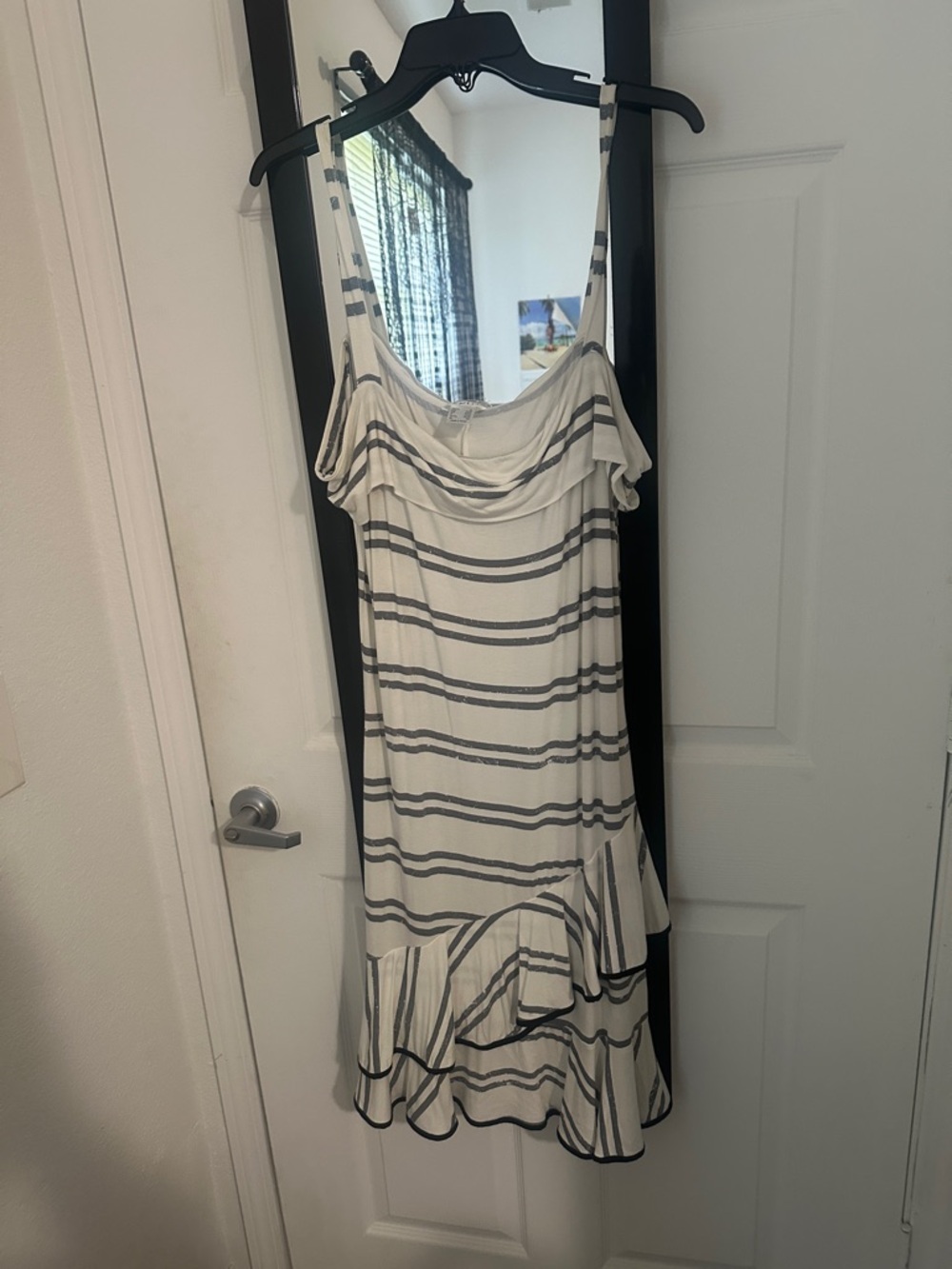 VENUS White & Gray Striped Ruffle Midi Dress